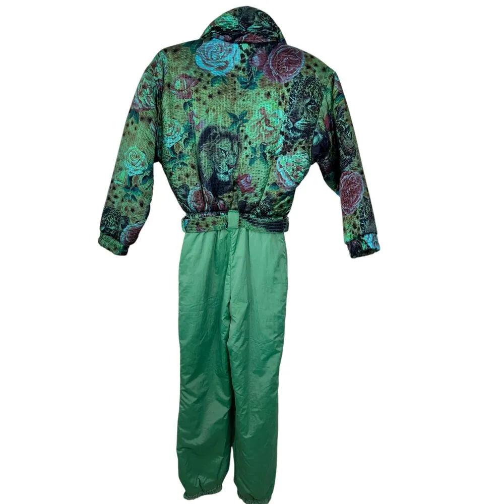 Vintage Skila Retro 80's Ski Suit Snowsuit One Piece Lion Motif Womens Size 6 Green - Image 9