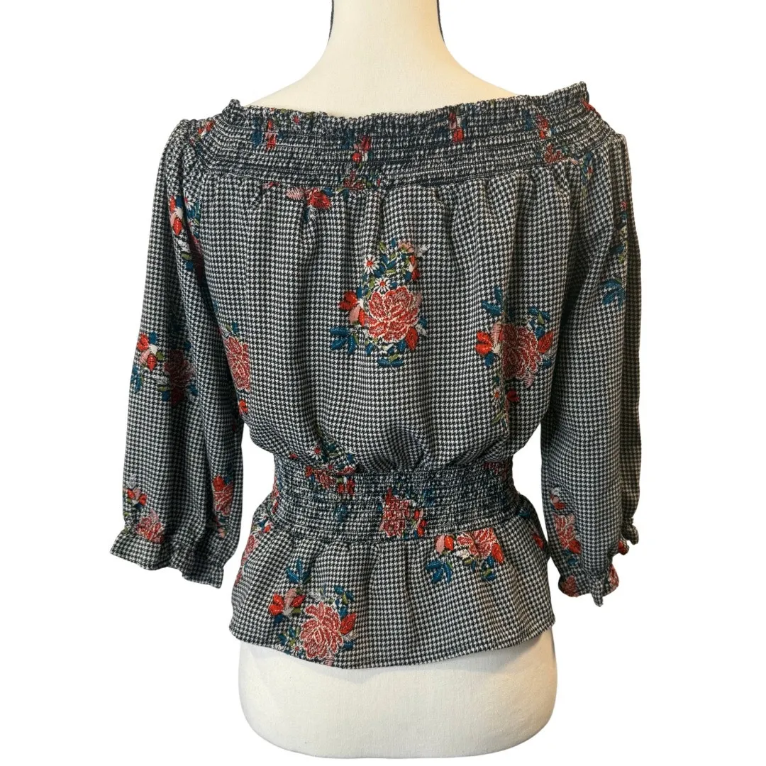 OLM Women’s Houndstooth Floral Top Size L Black Size L - Image 2