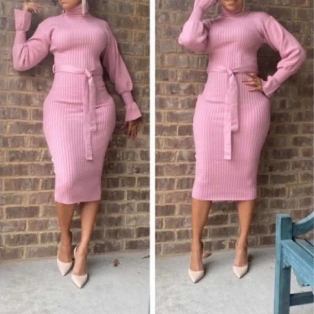 Sweater dress belted turtleneck. Long bell sleeve. - Image 3