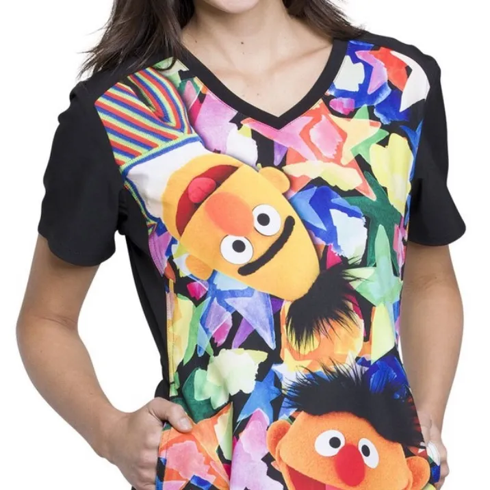 Sesame Street Bert Ernie 50th Ann Scrub Top Women’s Nurse V Neck Pockets Medium - Image 2