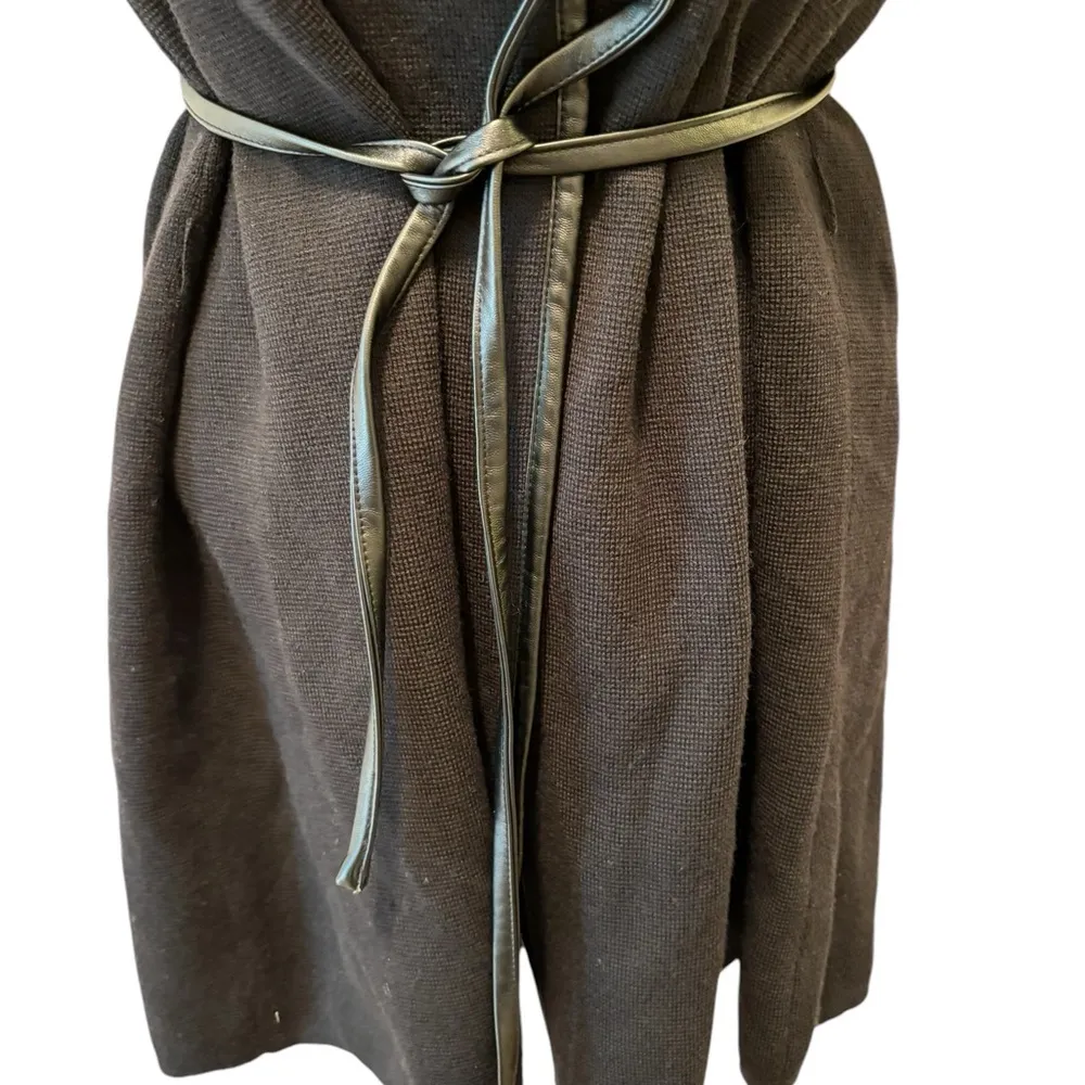 Longline Merino Wool Vest Size S Leather Tied Trim Black Classic - Image 6