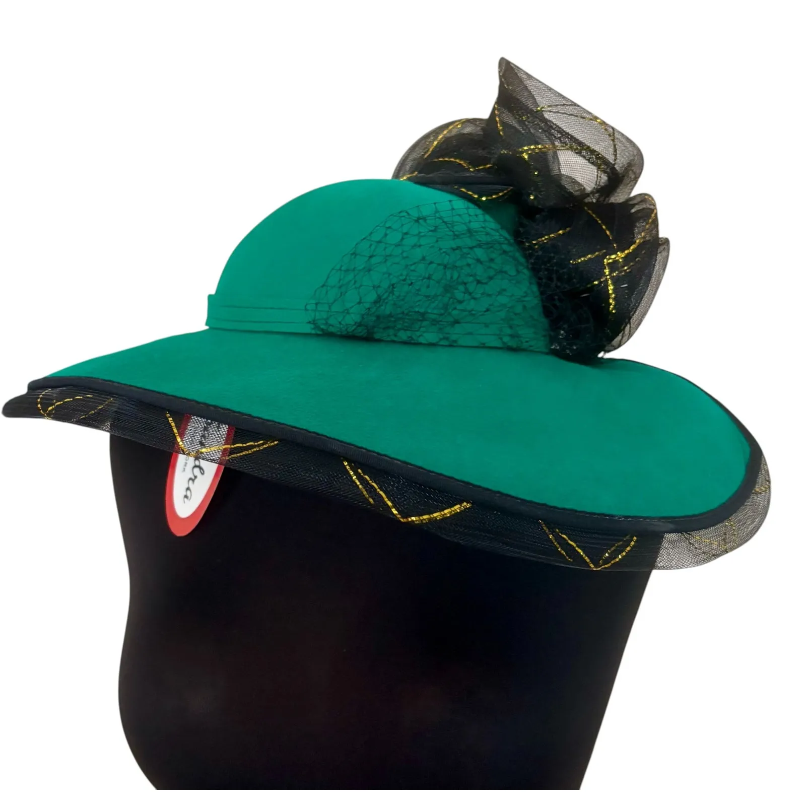 Sandra of New York Hunter Green Wool Black Tulle Gold Vintage Hat 17" W Brim NWT - Image 3