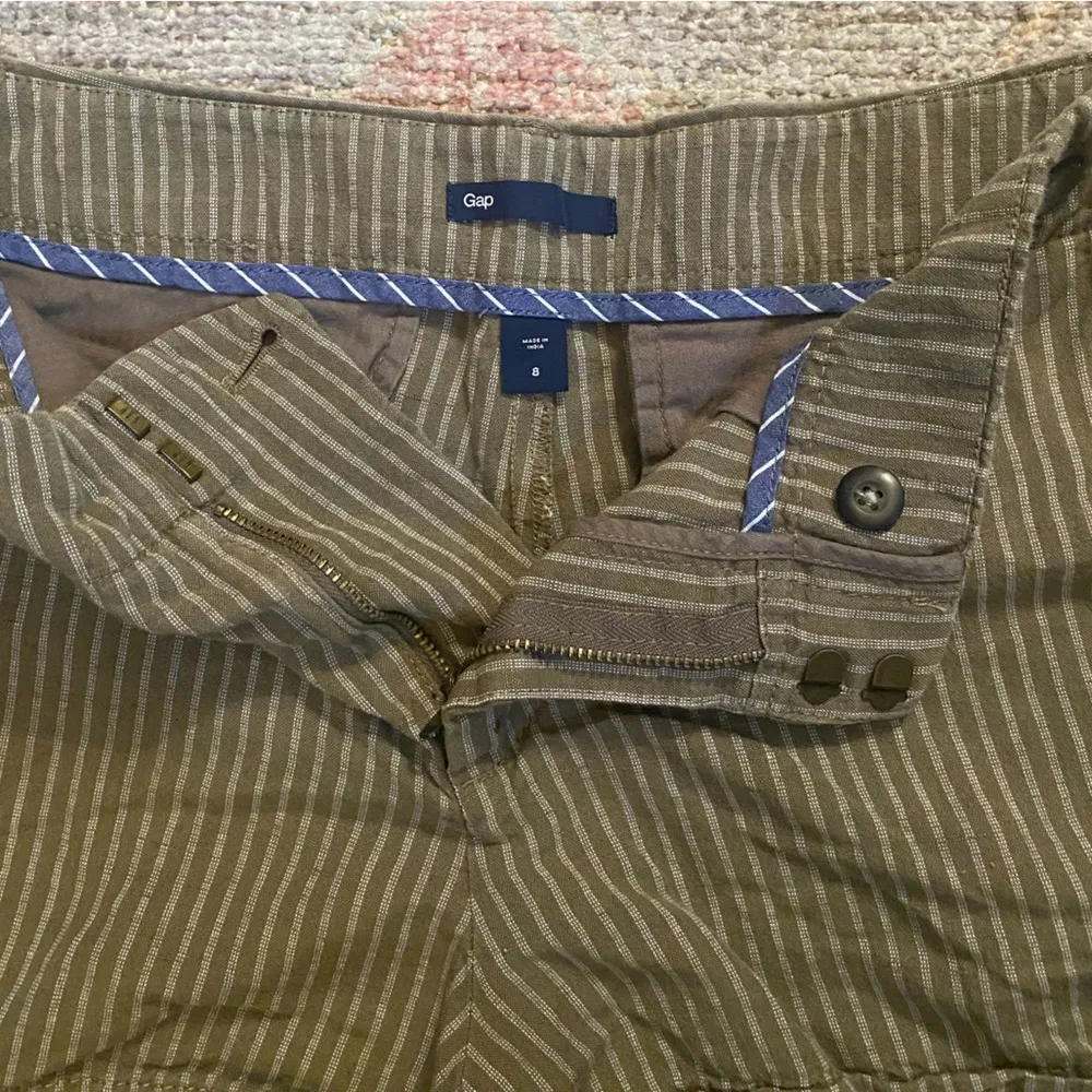 BOGO GAP Linen & Cotton Blend Taupe and White Striped Shorts with Button Detail - Image 2