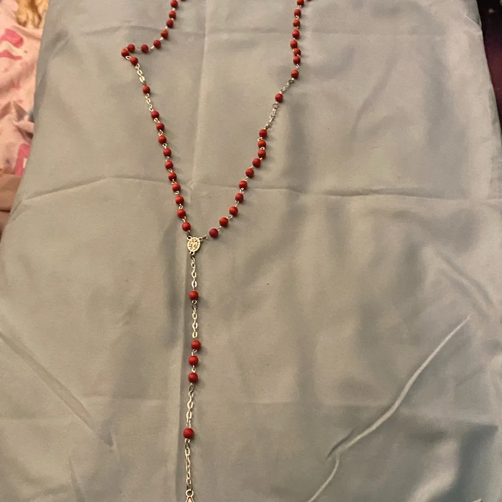 Rosary Silver Tone Cross And Red Lightweight Beads 25” Long - Image 5