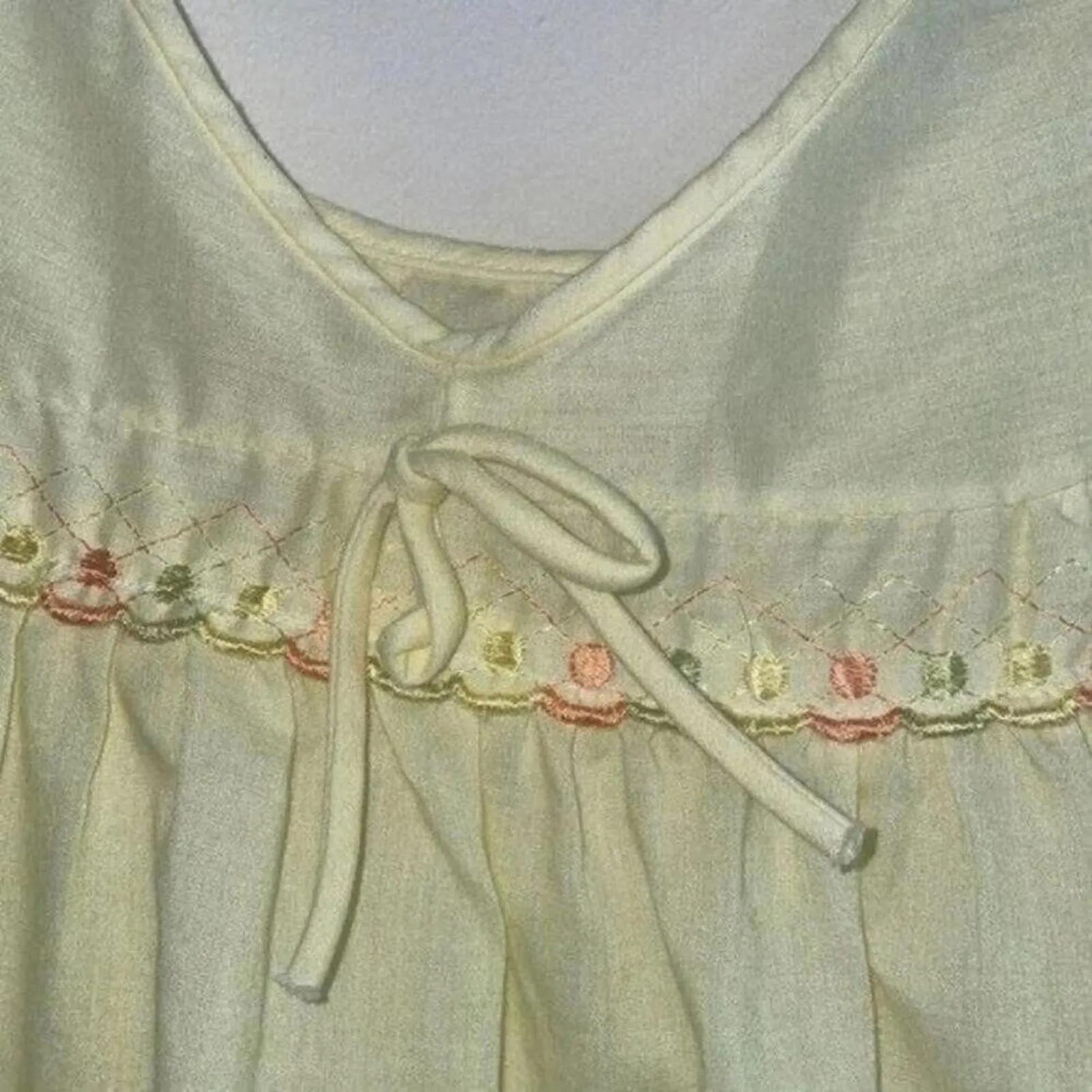 ✅Vintage 1960s Yellow V Neck Embroidered Sleeveless Nightgown Pajama Lingerie Orange Size L - Image 4