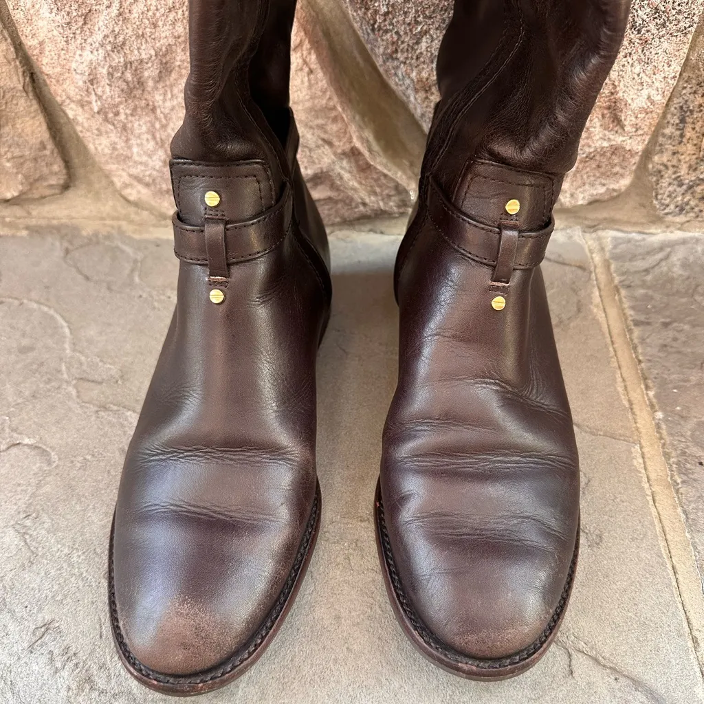 Tory Burch Eloise Brown Leather Gold Logo Riding Knee High Boot Shoes - Image 6