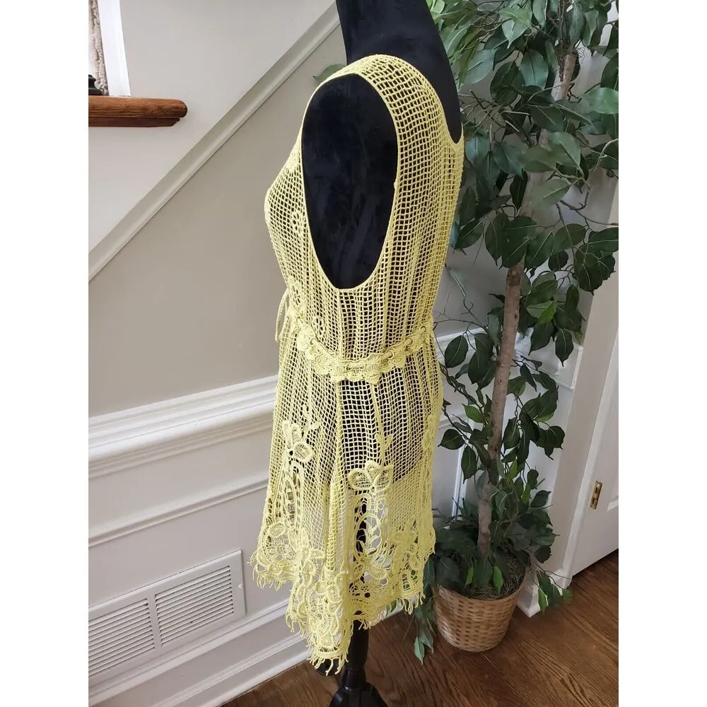 Ryu Sheer Yellow Floral Polyester Round Neck Sleeveless Knee Length Dress Size L - Image 6