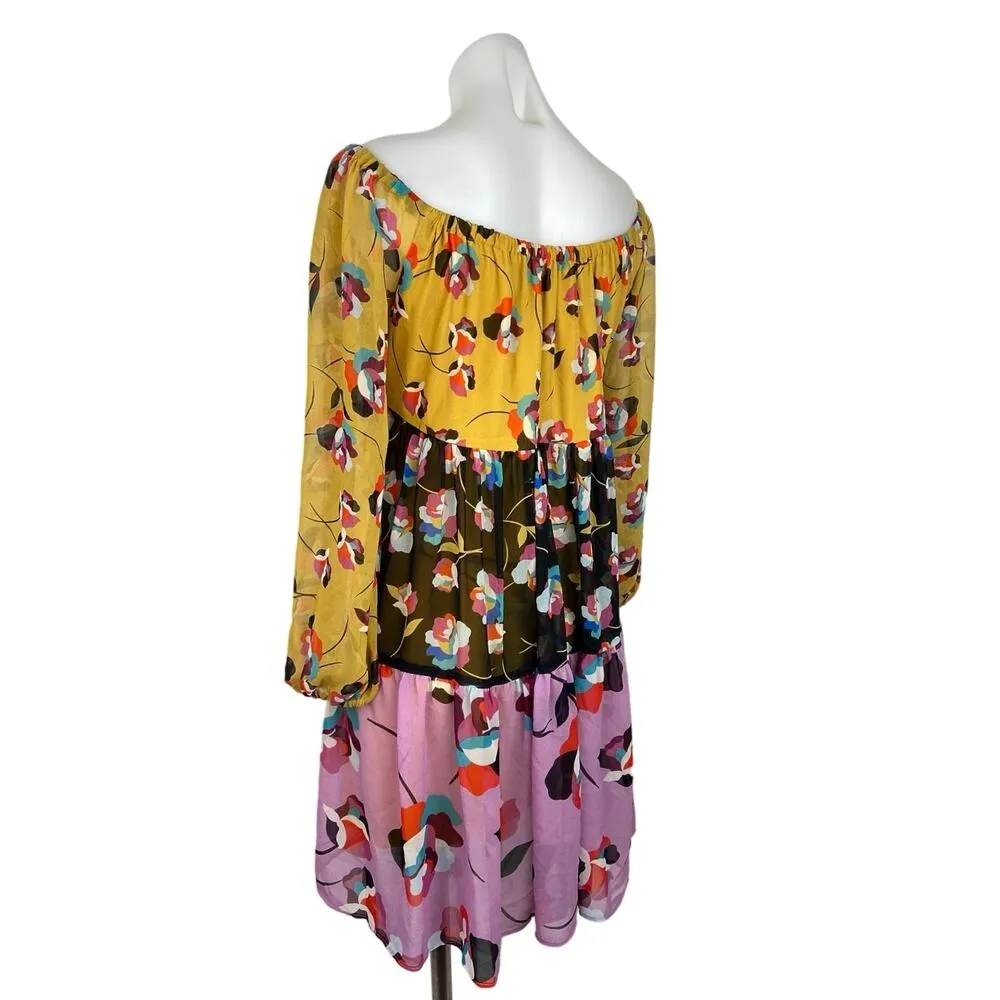 BCBGMAXAZRIA Multicolor Floral Colorblock Off the Shoulder Mini Dress Size M - Image 3