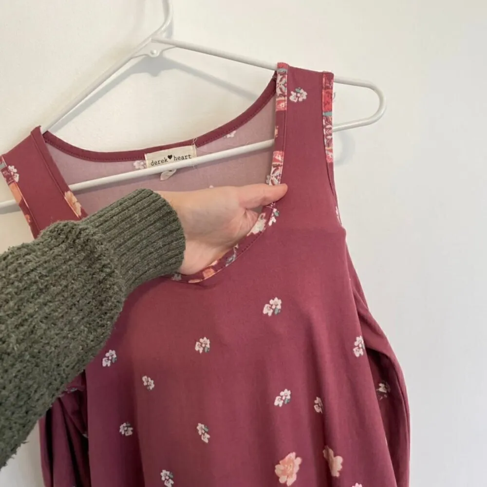 DEREK HEART Mauve Pink Floral Border Print Cold Shoulder Long Sleeve Shift Dress - Image 7