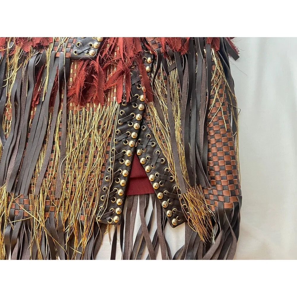 Balmain Fall 17 Runway Skirt Brown Tribal Lamb Leather Gold Fringe Brass Kendall - Image 7
