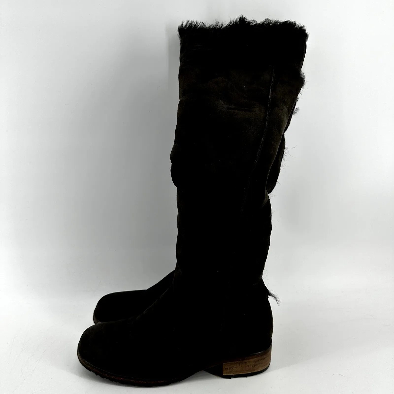 Moschino Cheap and Chic Knee High Boots Suede Faux Fur Lined Heeled Brown 7 - Image 3