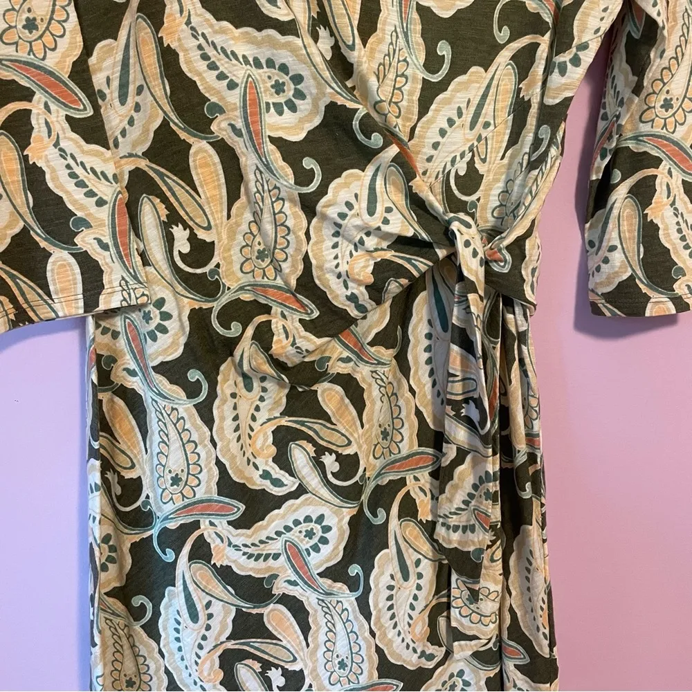 Chico's Green Paisley Printed Side-Tie Cotton Modal Slub Dress Size 8 - Image 5