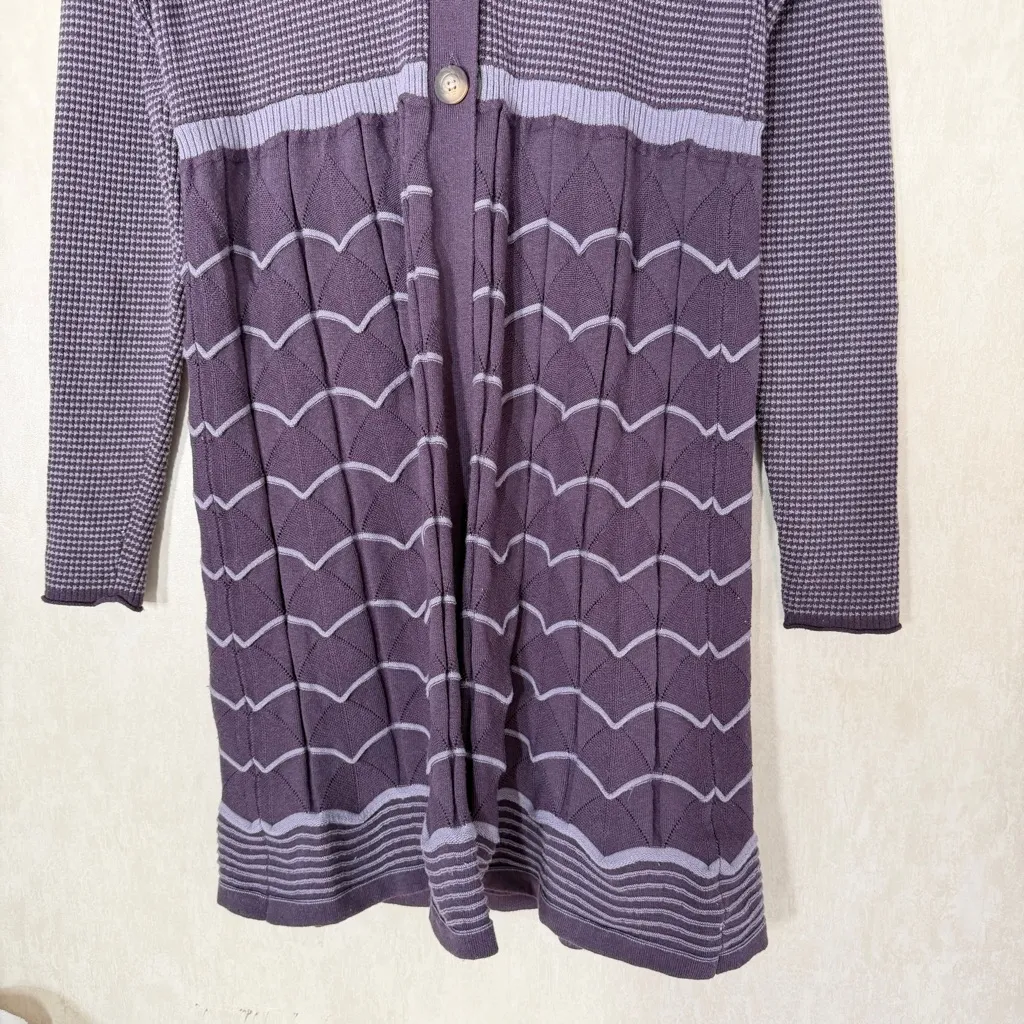 Title Nine Women’s Wool Blend Long Hooded Cardigan Sweater in Stripe Purple L - Image 3