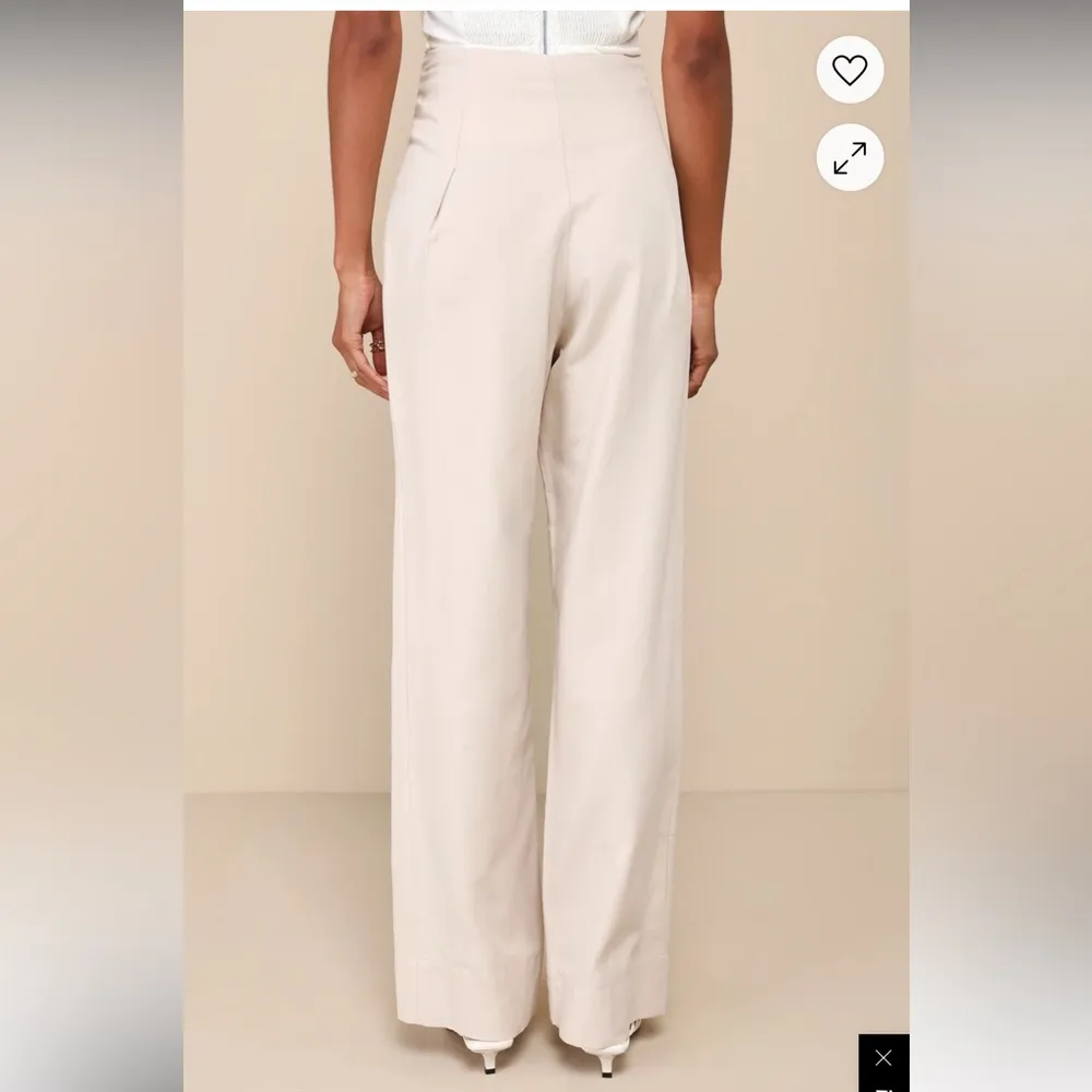 Lulus Sophisticated Feel Beige Pleated High-Rise Wide-Leg Pants Sz L - Image 2