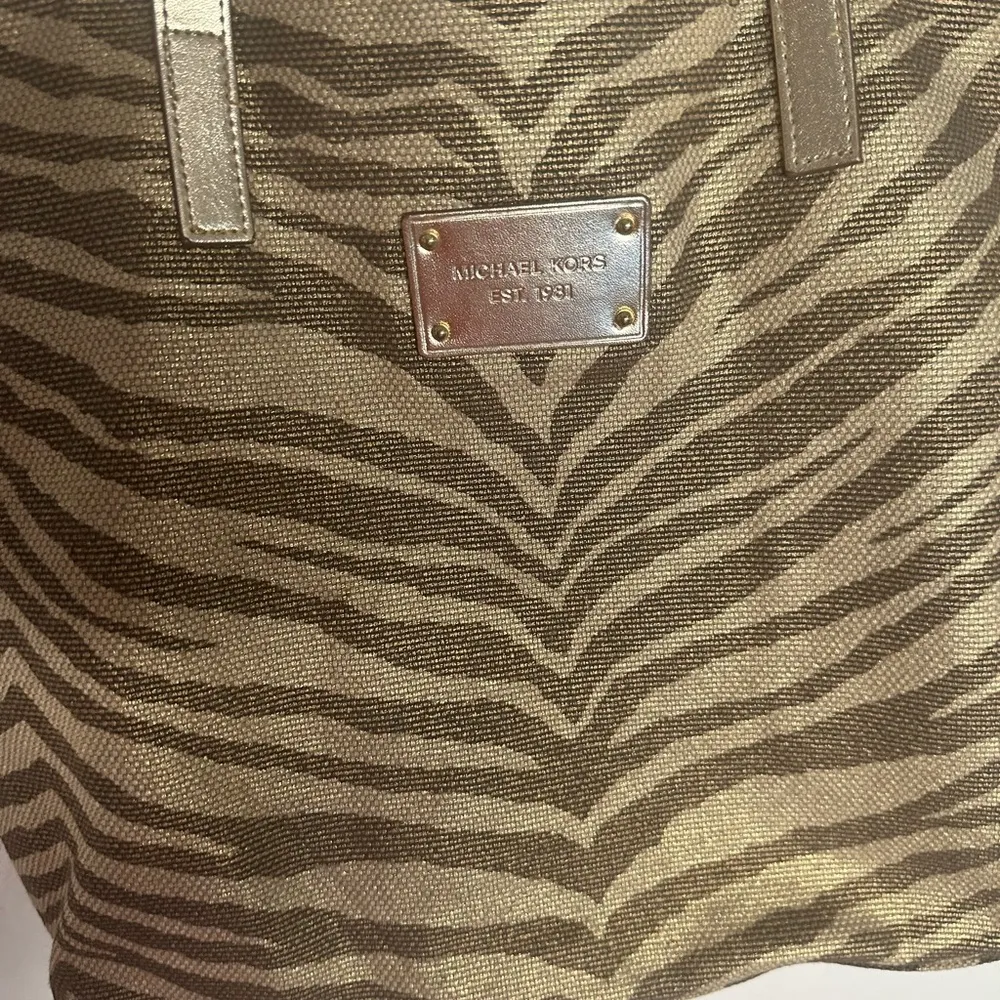 Michael Kors Zebra/Animal Print Metallic Gold and Beige Coated Canvas Tote - Image 6