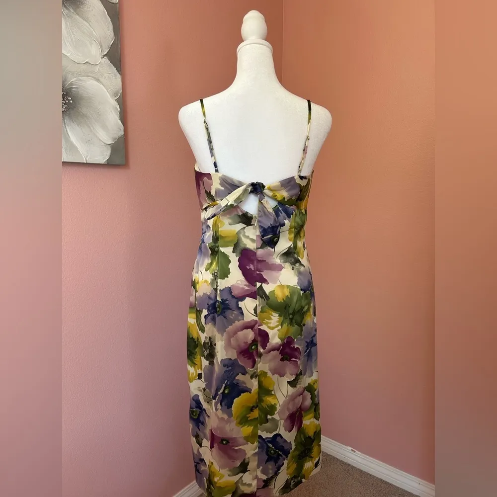 Vintage Spiegel 90’s satin floral Fairycore midi cocktail bow detail dress Sz 8 - Image 2