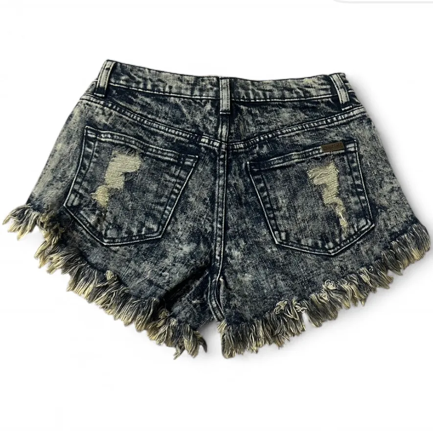 ‎Acid Washed Fringe Jean Shorts Blue - Image 3