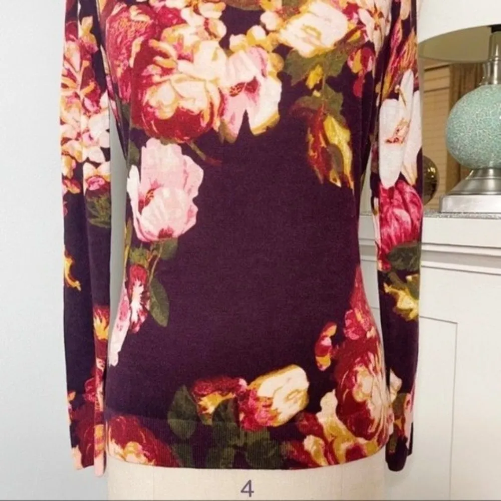 Talbots Luxury Merino Wool Floral Sweater Burgundy Gold Pink XS - Image 4