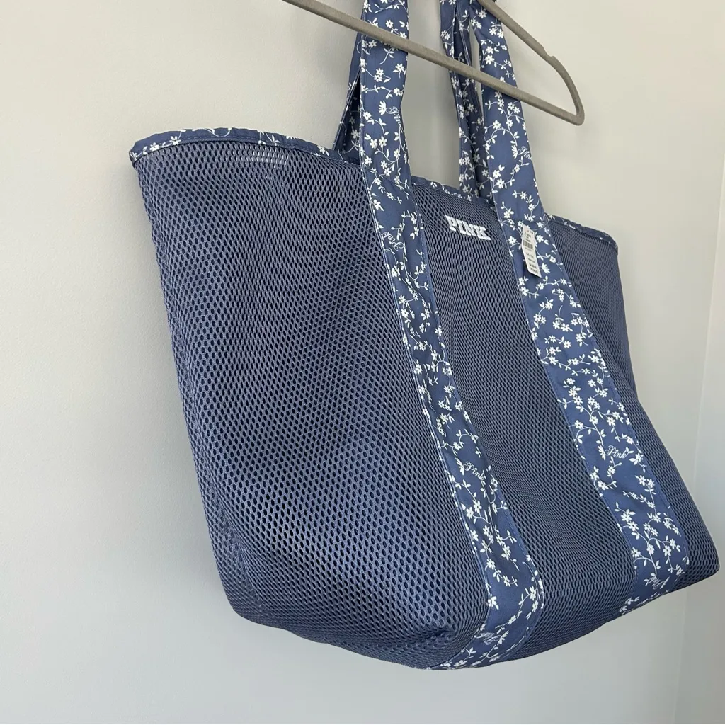 PINK by Victorias Secret Blue Floral Mesh Oversized Zip Top Tote Bag NWT - Image 5