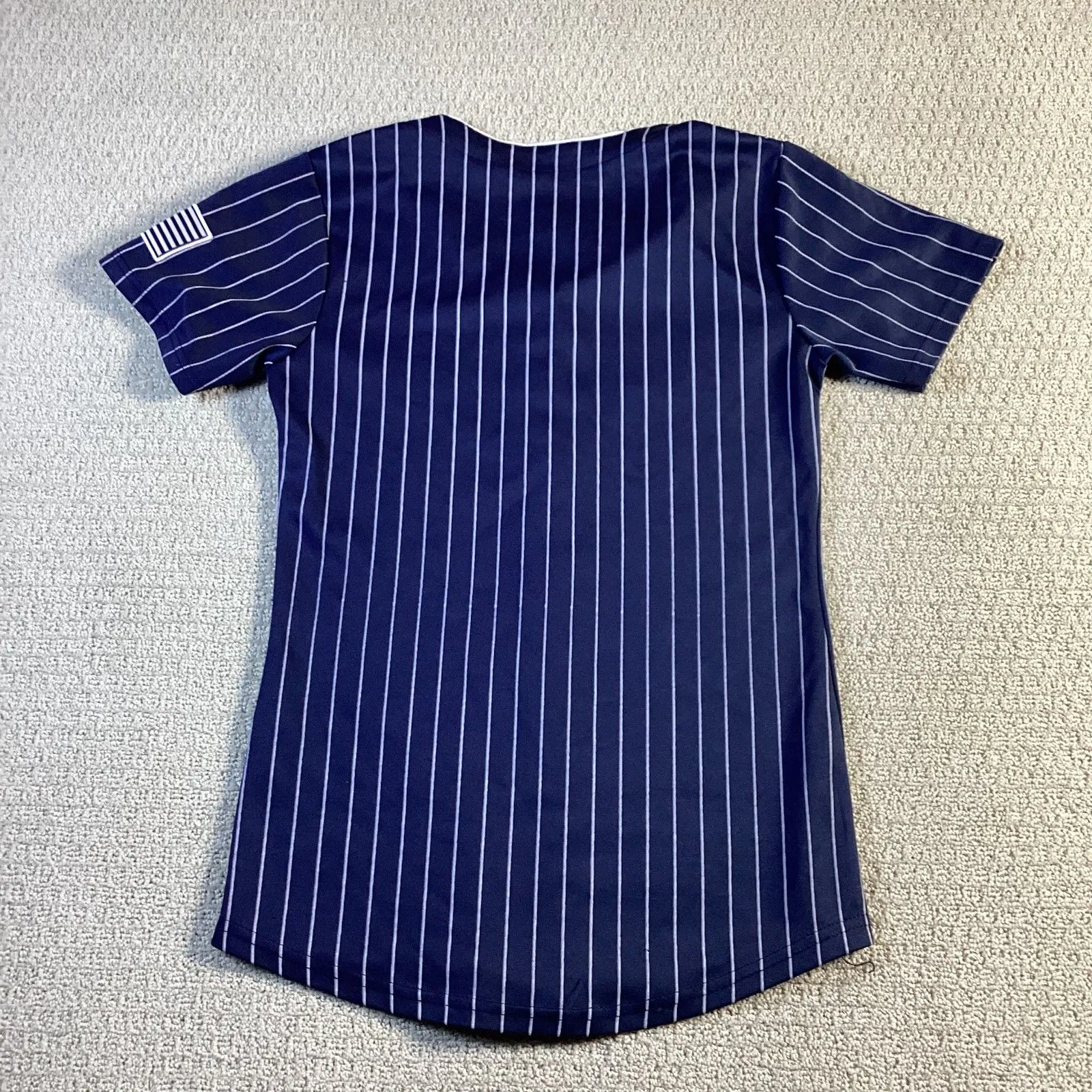 New‎ York Pinstripe Baseball Jersey American Flag Patch Button Up Navy Blue Size L - Image 2