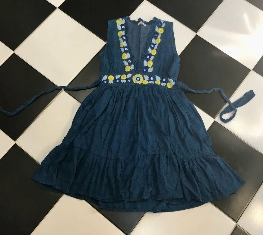 Banjanan Blue Diana Mini Dress Embroidered Floral Lace Ruffles Anthro Bohemian S Yellow - Image 5