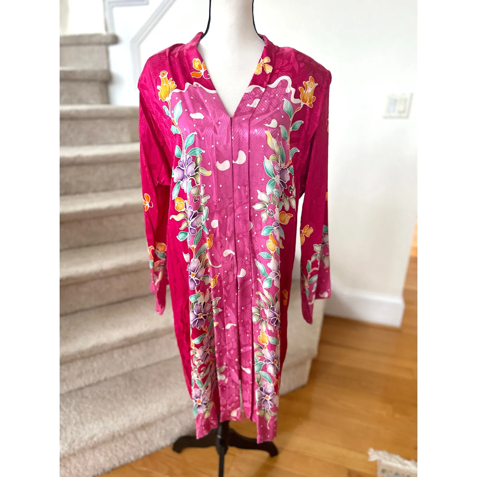 Vintage 90s Batik Pink Thai Floral Print Duster Jacket & Maxi Skirt Kaftan SET Size 12 - Image 3