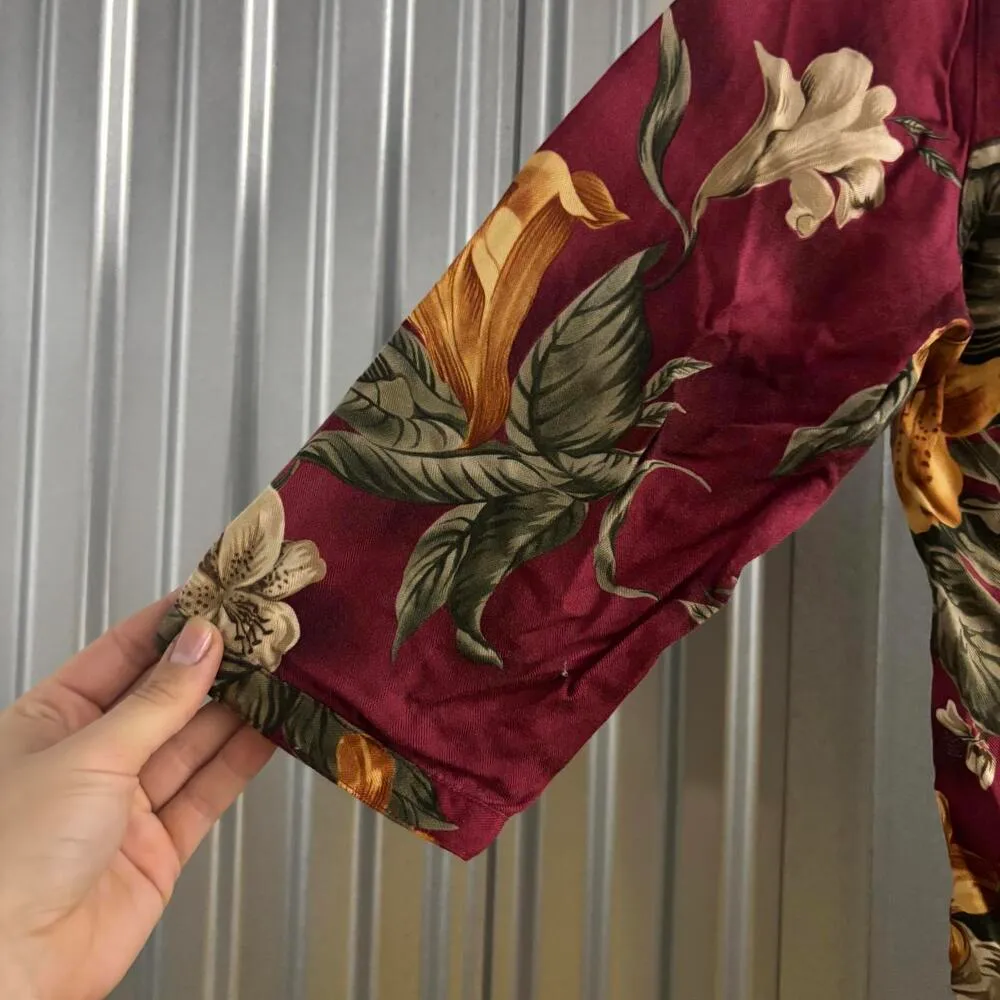 Caribbean Joe Deep Red Maroon 3/4 Sleeve Hawaiian Hibiscus Button Up Shirt Top - Image 3