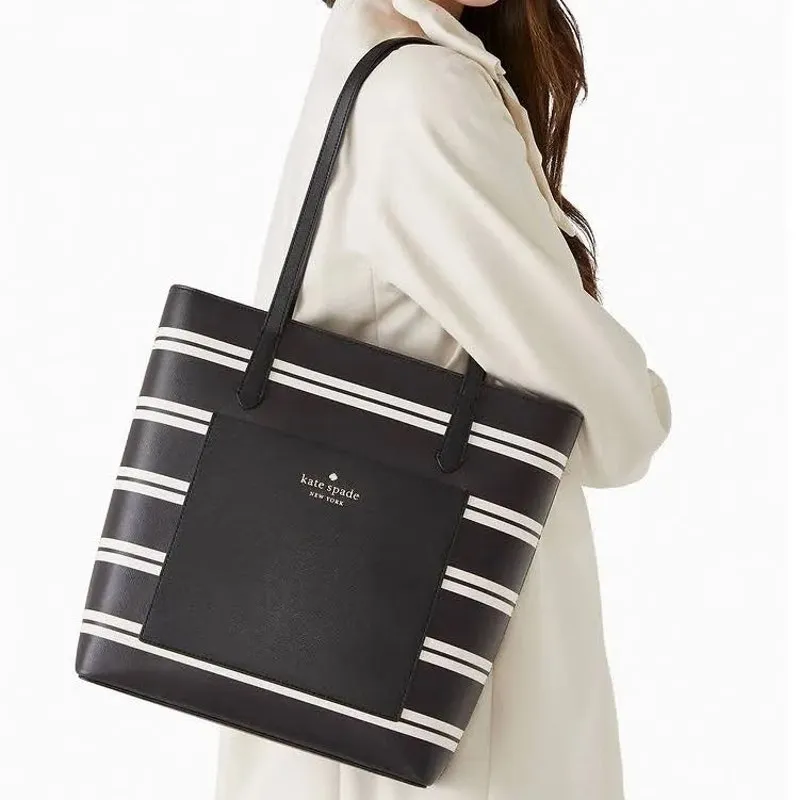 Kate Spade New York Black Multi Crisp Stripe Saffiano Daily Shoulder Tote Bag - Image 2