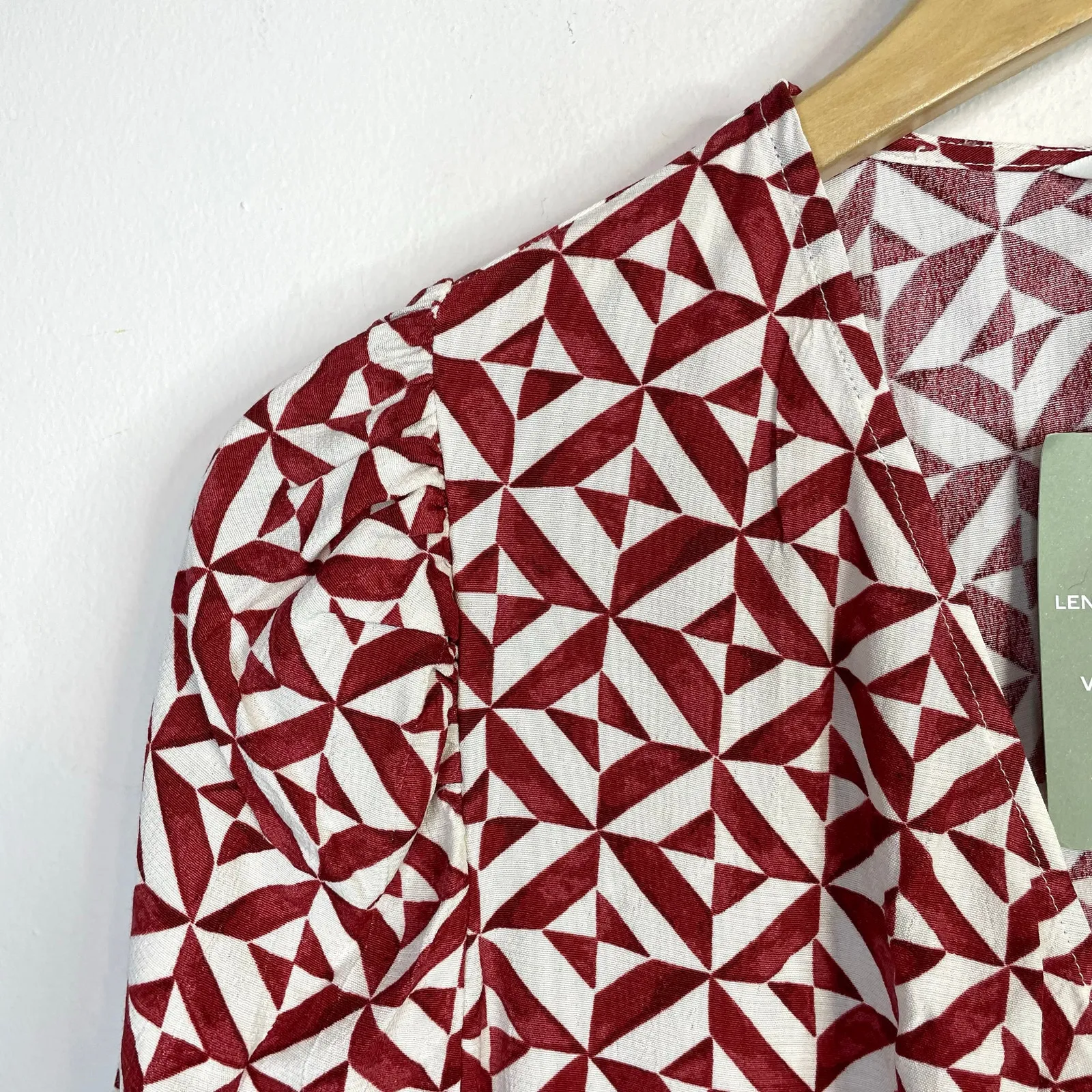 H&M Red Print Puff Sleeve Midi Dress Lenzing Ecovero Woven Boho Womens XL New - Image 5