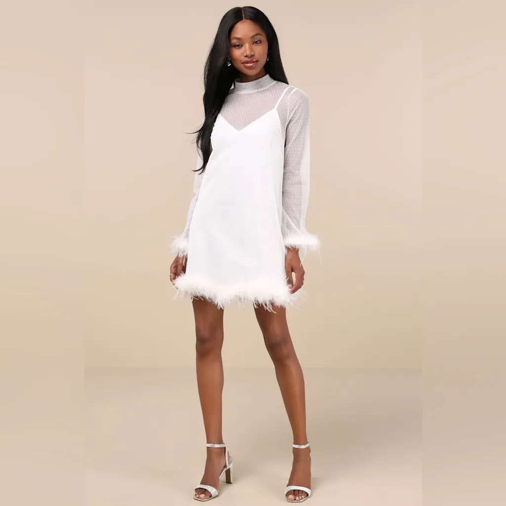 Lulus  Immaculate Charisma White Mesh Feather Long Sleeve
Mini Dress - Image 3