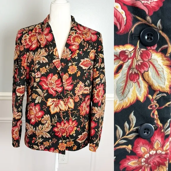 Talbots Women’s Sz 10 Black Orange Red Autumn Floral Button Jacket Blazer Coat - Image 2