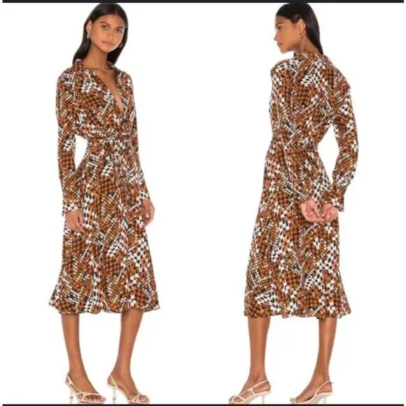 Equipment Relle Houndstooth Silk Midi Dress orange brown blue chic classic sz 4 - Image 2