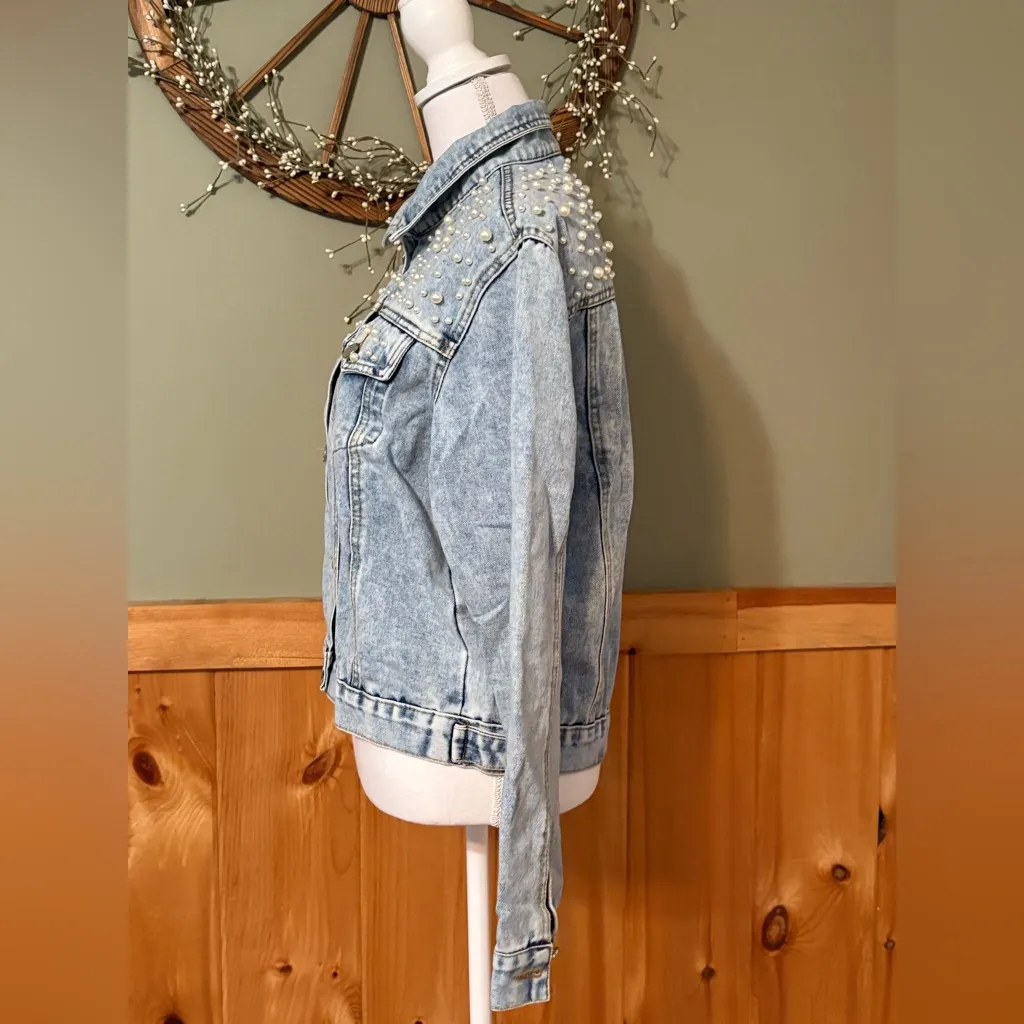Ankecity Faux Pearl Studded Blue Denim Button Up Jacket size S NWOT - Image 4
