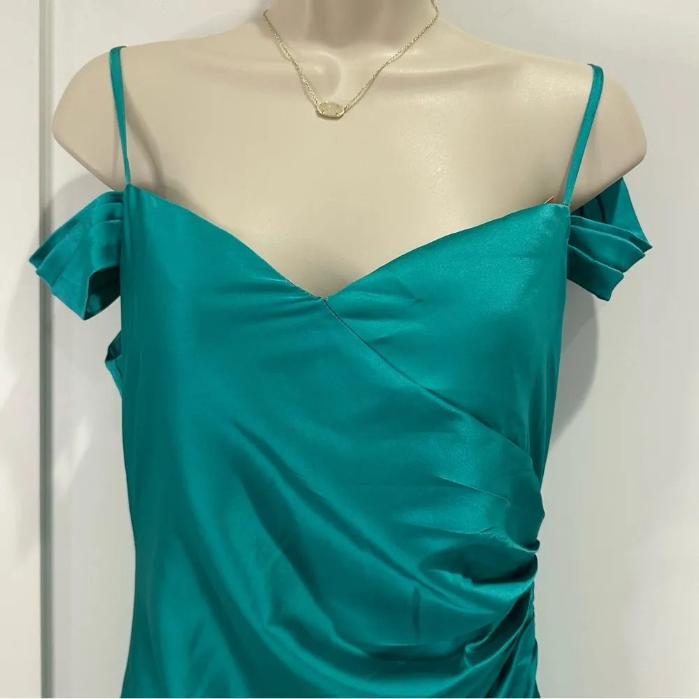 Luxury Affair Satin Maxi Dress Off The Shoulder Ruched Green 8 NWT - Image 9