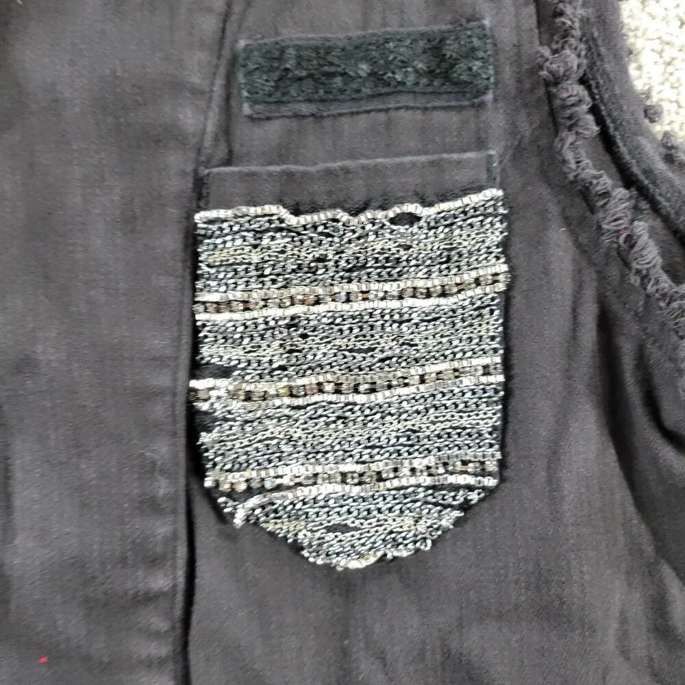 Miss Me Womens Denim Vest S Black Embellished Distressed Sleeveless Drawstring - Image 4