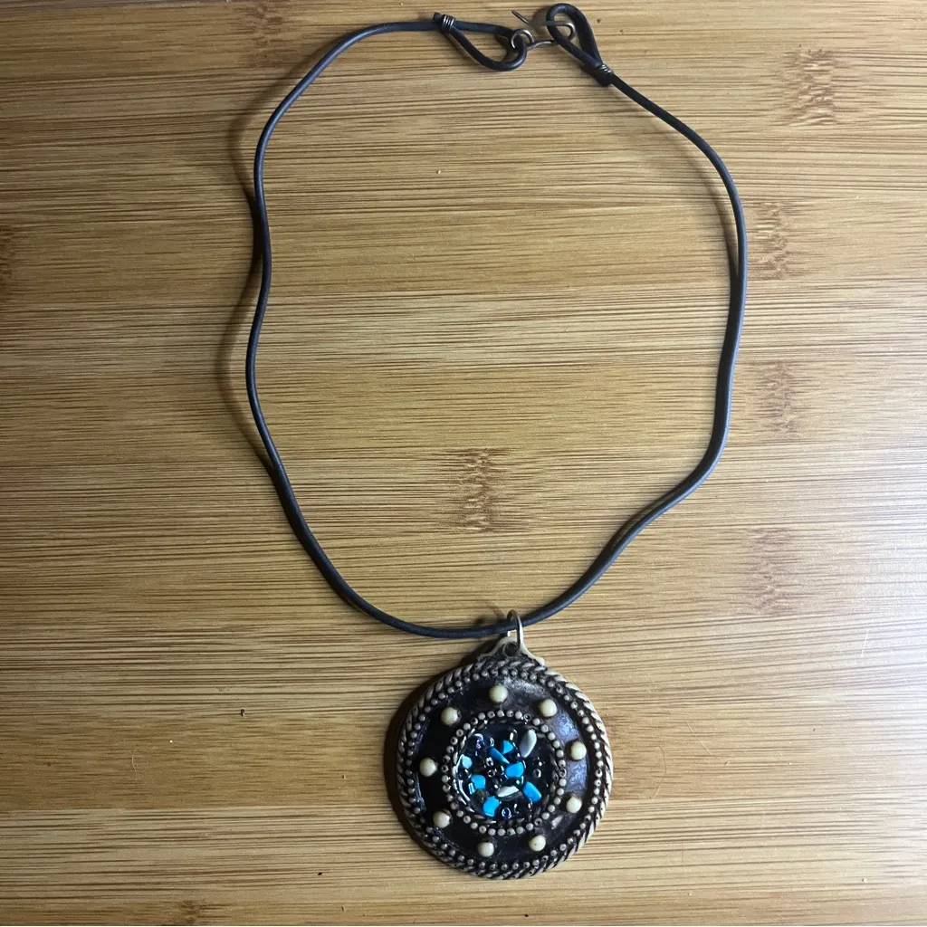Boho Beaded Medallion Pendant Necklace on Leather Cord Blue - Image 2