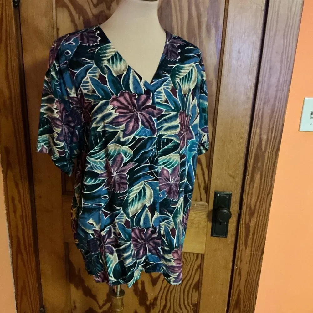 Vtg 80s Bright Tropical Flowers Blouse Blue Size L - Image 6