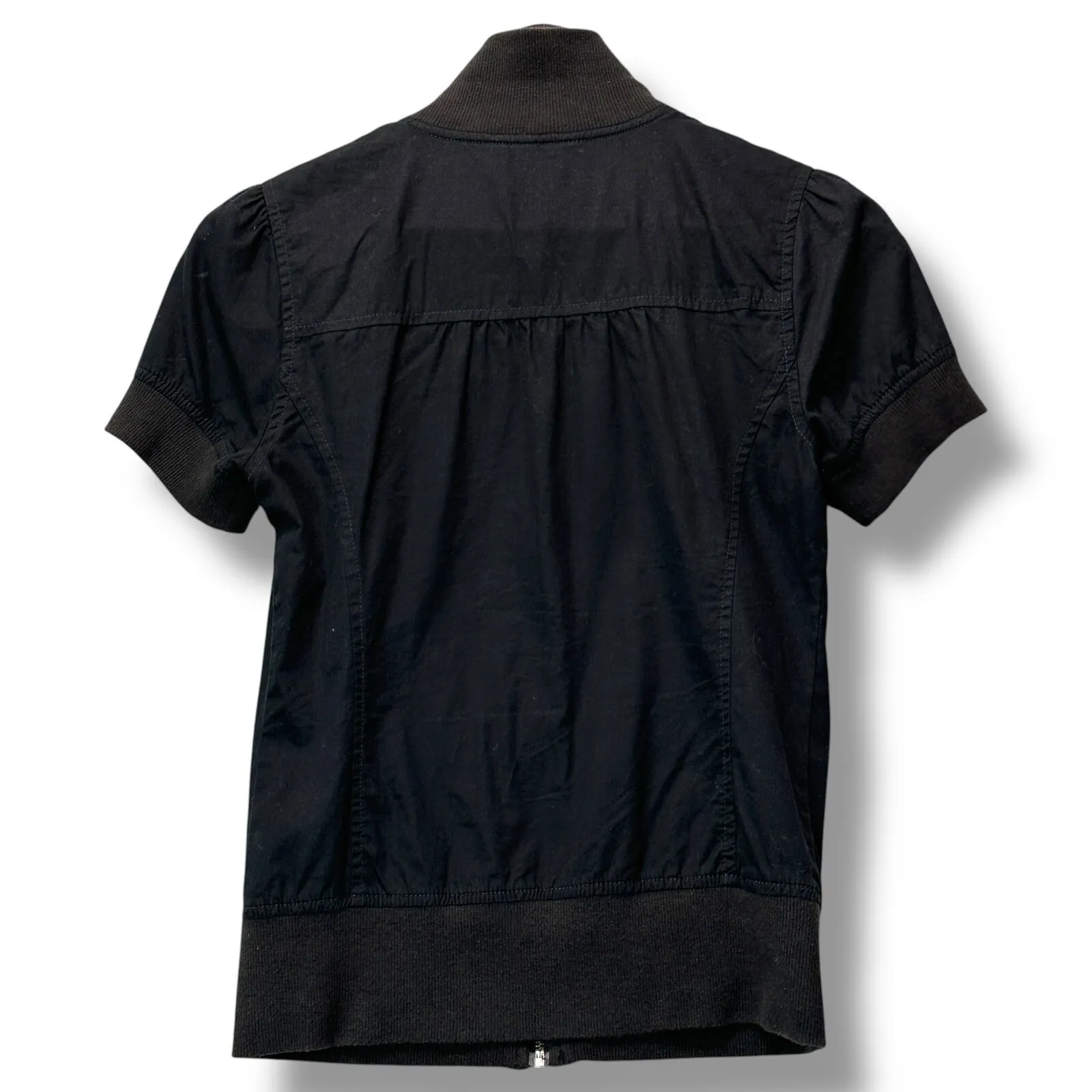 Short Sleeve Zip Up Jacket Bomber Style Black Size S Retro Indie Sporty Utility - Image 3