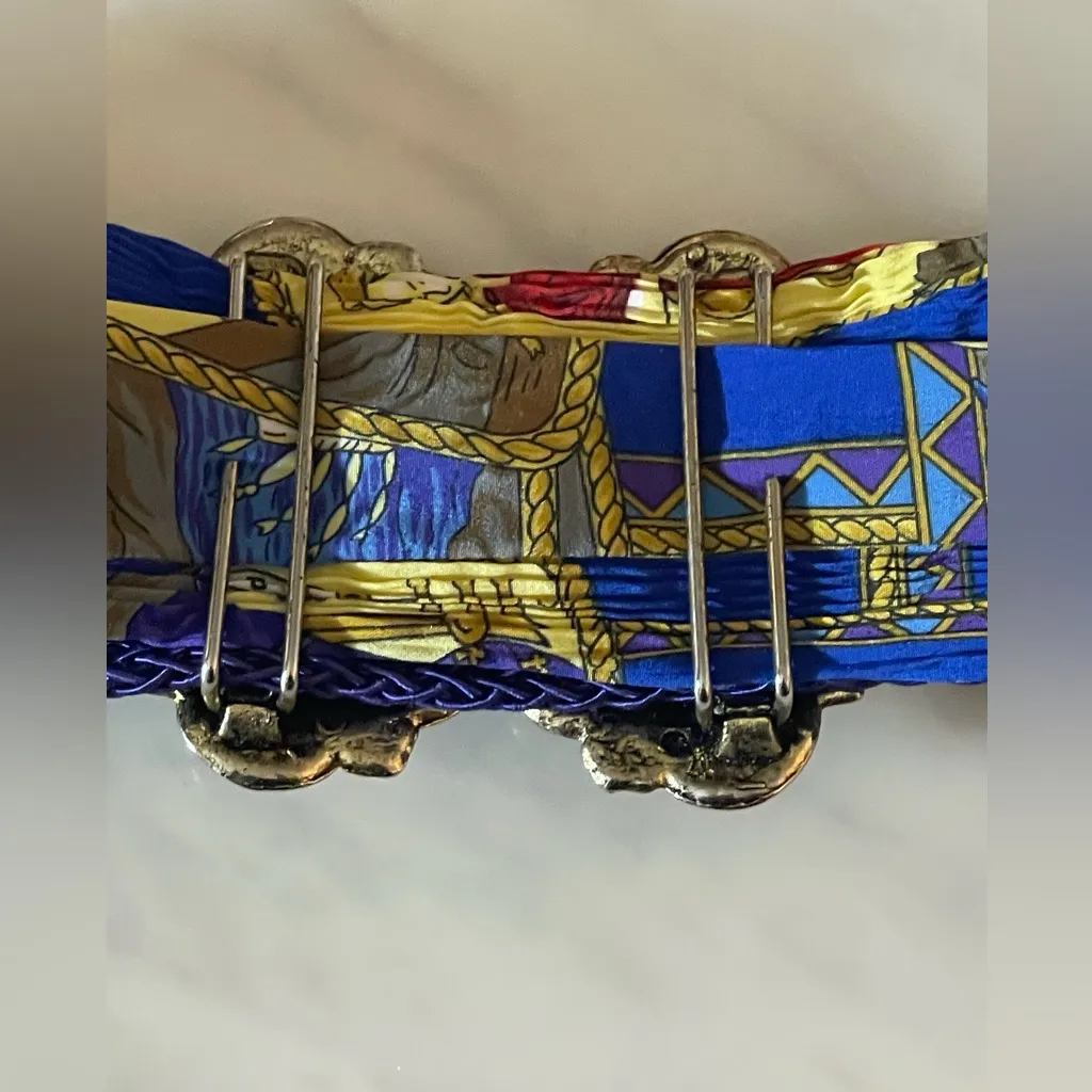 Vintage Multicolor Braided Waist Belt Ornate Gold Buckle Jester Print 80s 90s Blue - Image 9