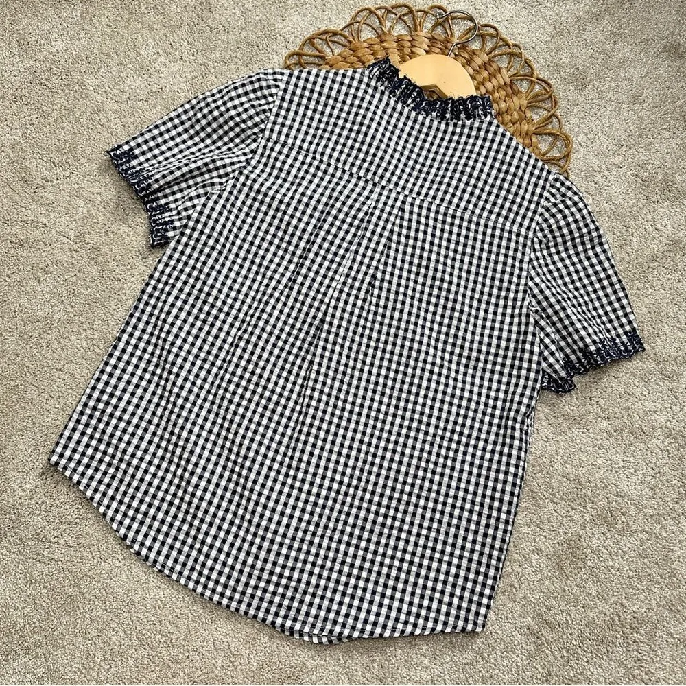 J.Crew Embroidered Indigo Crinkled Gingham Short Sleeve Navy White Top Cotton XS - Image 10