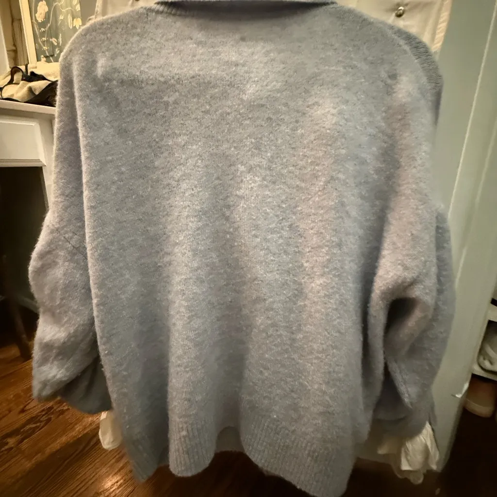 Cinq a Sept Light Pale Blue Wool Cardigan with cream silk and lace accent sle - Image 7