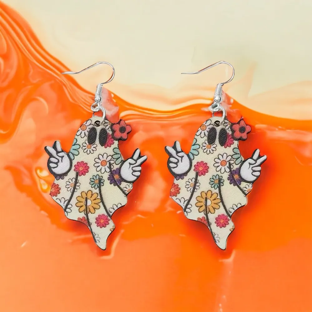 Vintage Style Colorful Flower Print Ghost Design Dangle Halloween Earrings Woode - Image 4