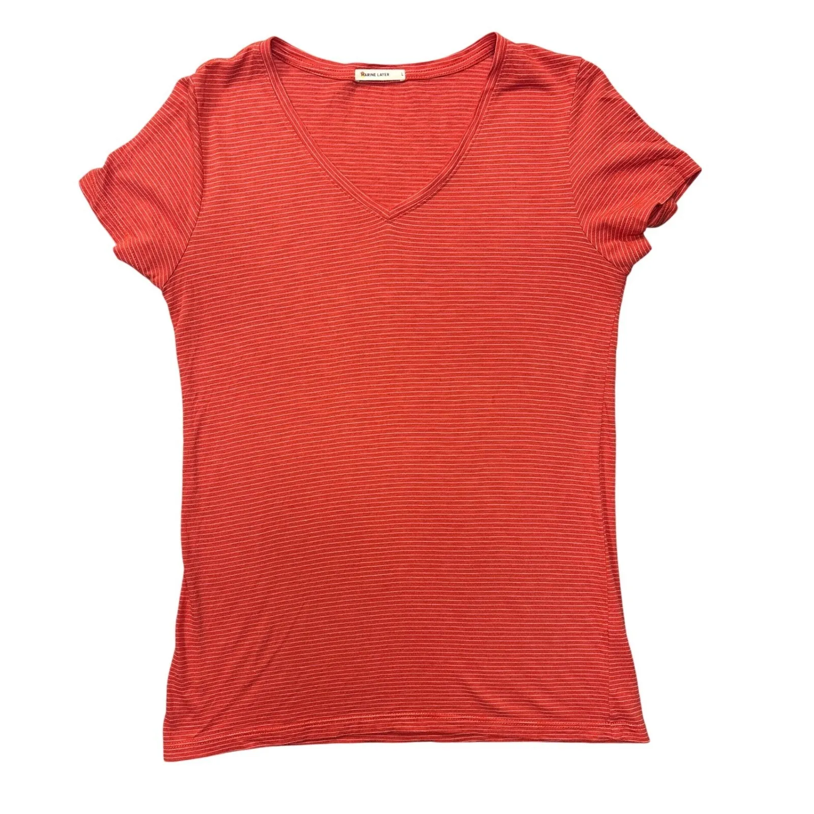 Marine Layer Large Striped V-Neck‎ Boyfriend T-Shirt Red Short Sleeve Casual Top - Image 8
