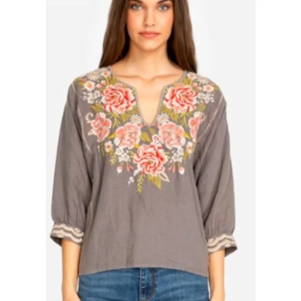 Johnny Was Cecile Boxy Peasant Blouse – Floral Linen Embroidery, Women’s Size L - Image 3