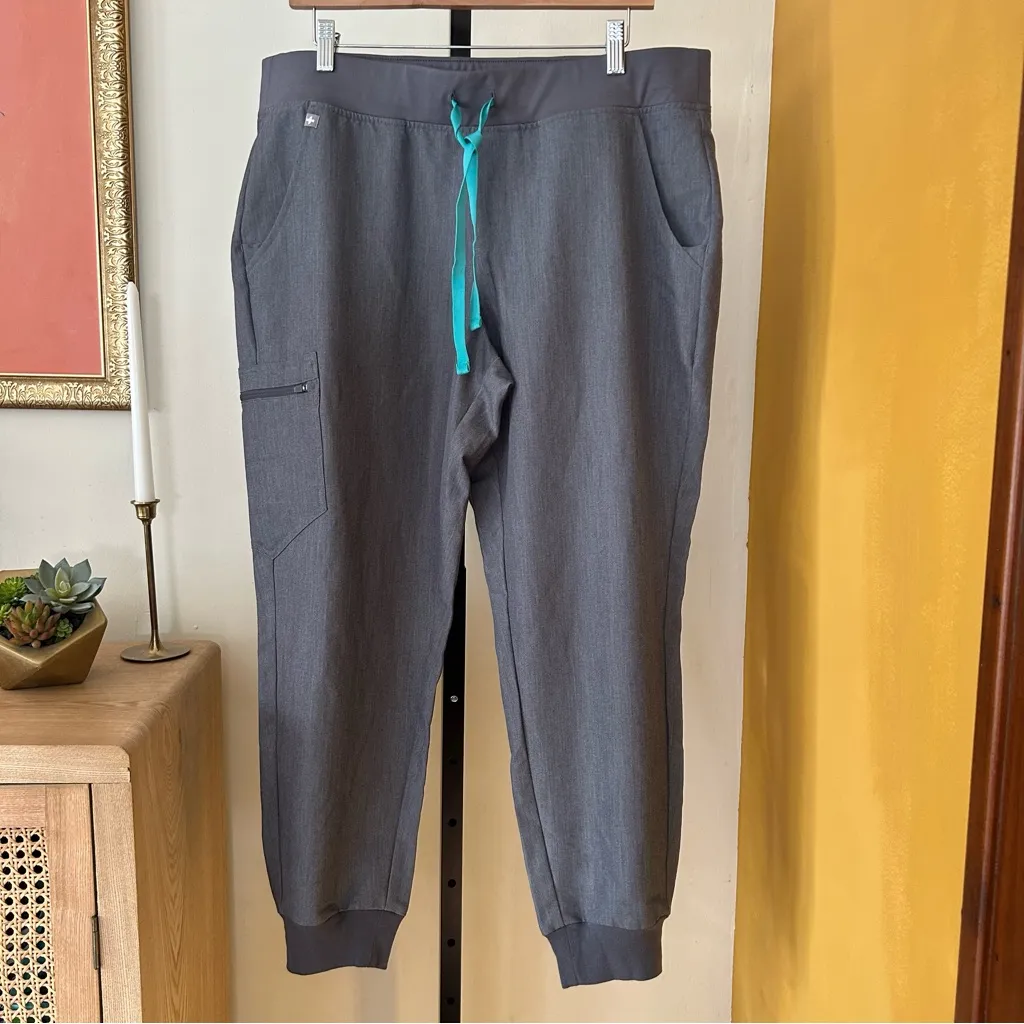 Figs Zamora Joggers Scrub Pants Technical Collection Gray Teal Drawstring XLP - Image 2