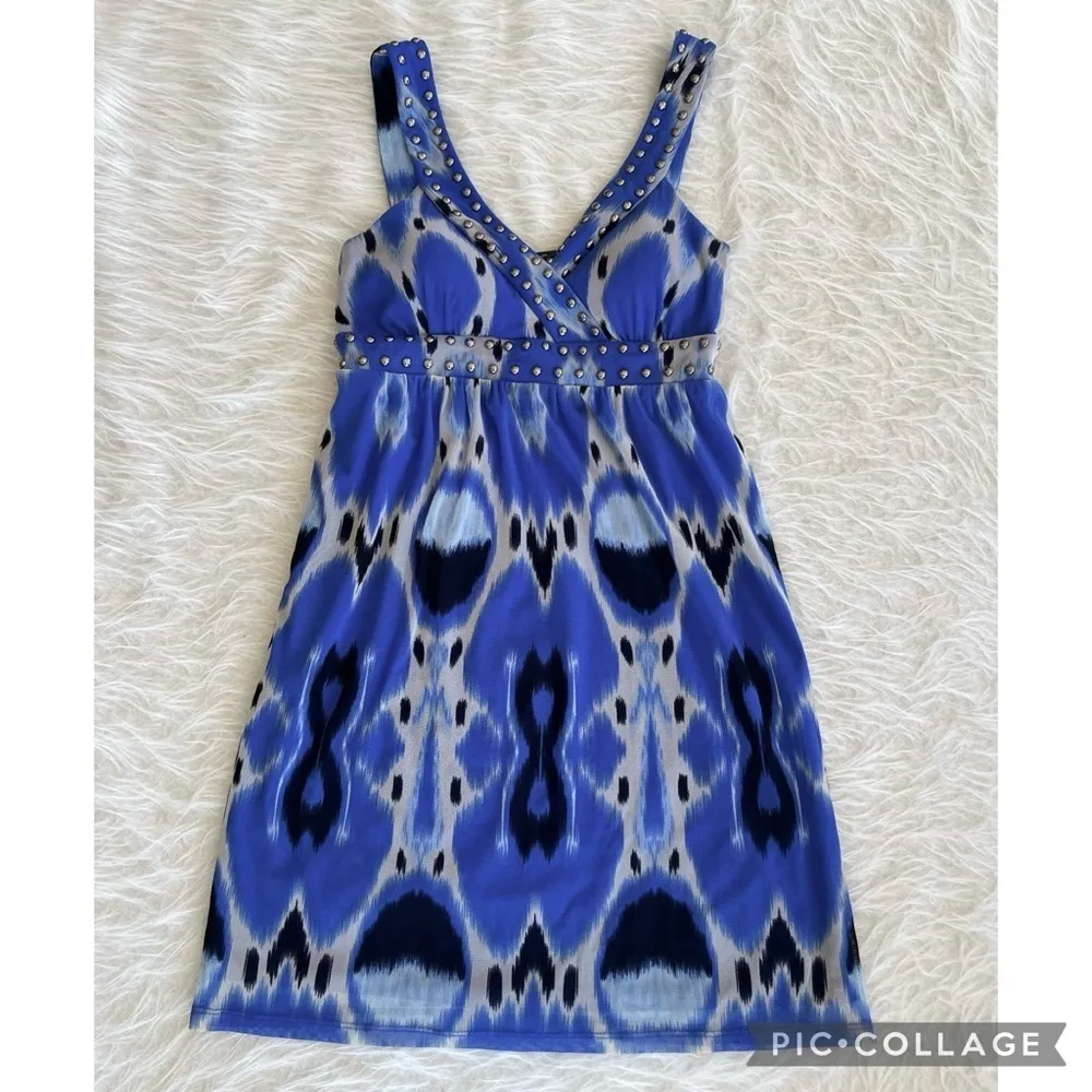 INC Dress Tie Dye Ikat StuddedEmpire Waist Blue XS Mini Sleeveless Sundress Mod - Image 12