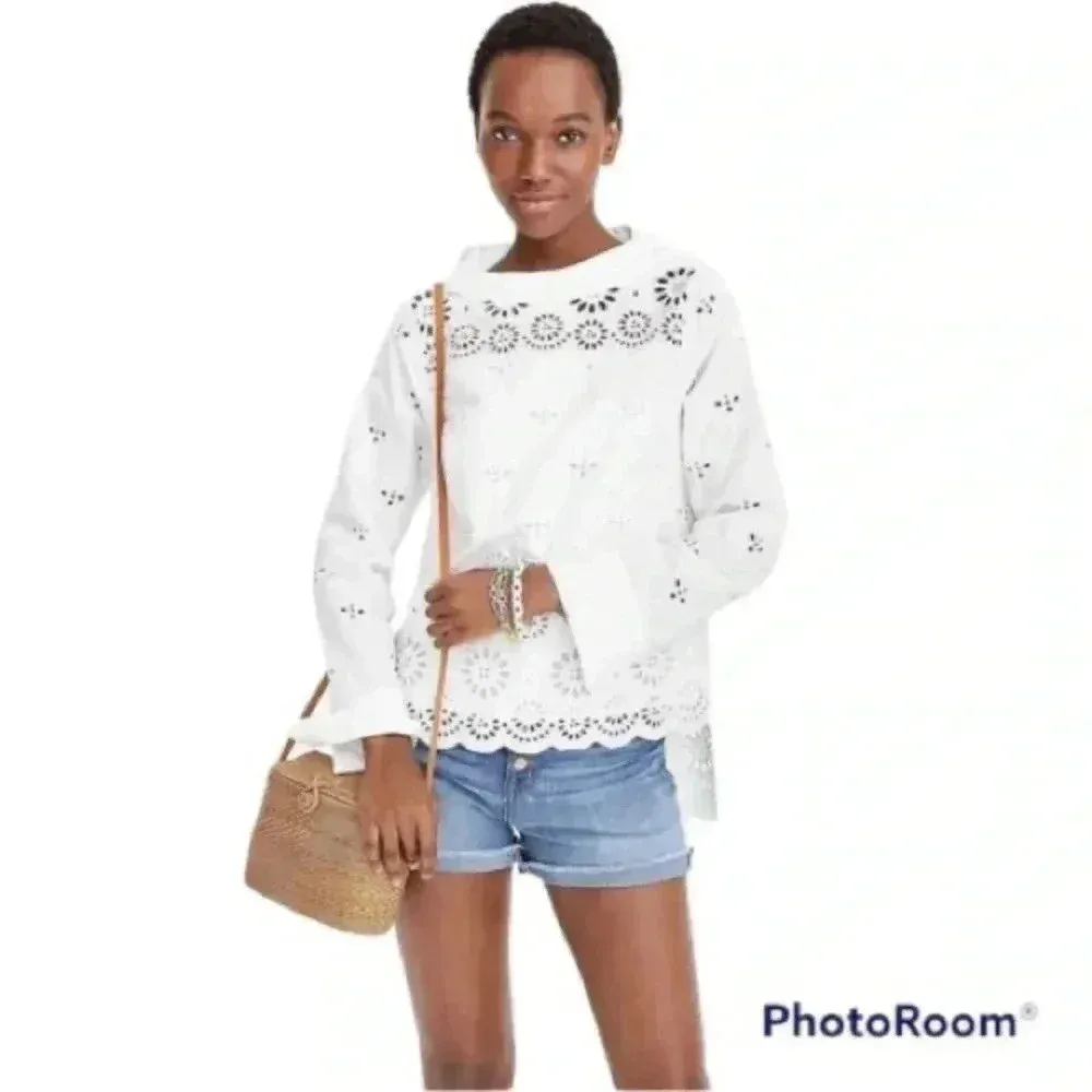 J. Crew | White Cotton Eyelet Crochet Bohemian Vibes Long Sleeve Blouse Size 0 - Image 4