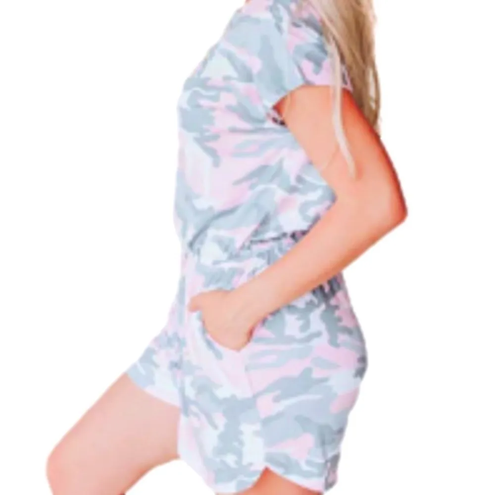 Vanilla Bay Terry Knit Romper Small Pink Camo Print Boatneck - Image 4
