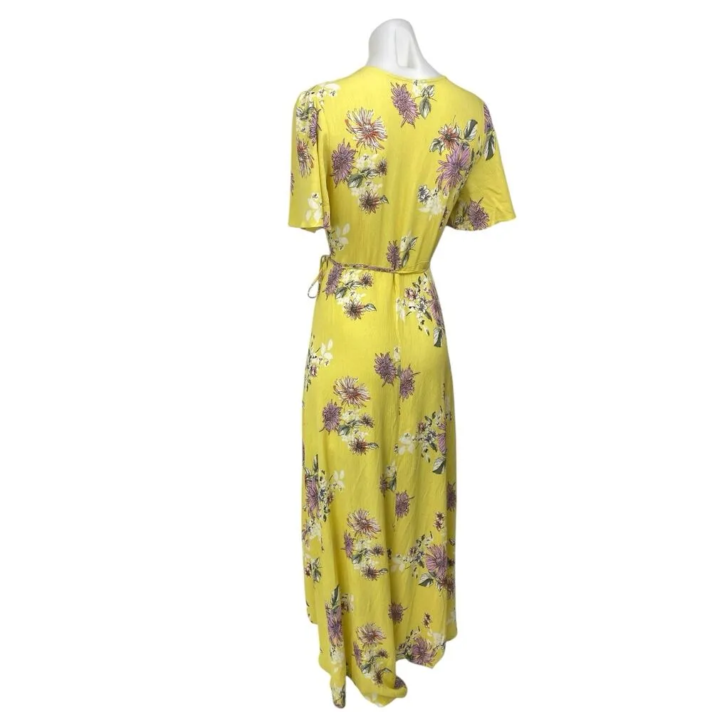 Cotton Candy LA Yellow Floral Short Sleeve Hi-Low V-Neck Midi Wrap Dress Size S - Image 2