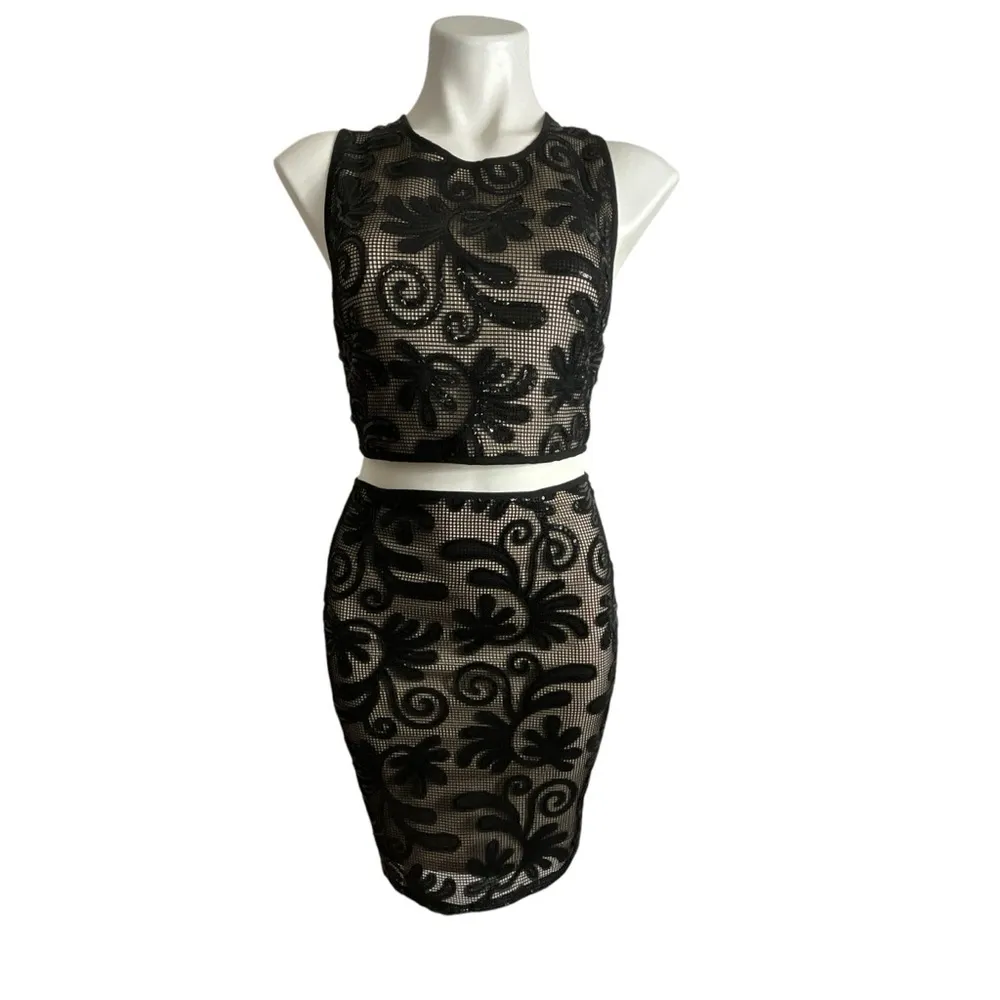 Sienna Sky Elegant Two Piece Black Floral Scroll Sequin Skirt Set - Image 4
